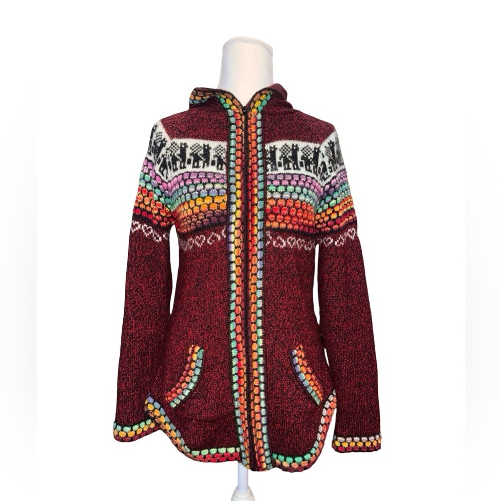 Women’s Alpaca Wool Rainbow Fair Isle Hooded Zip Jacket Hoodie Size Small Boho